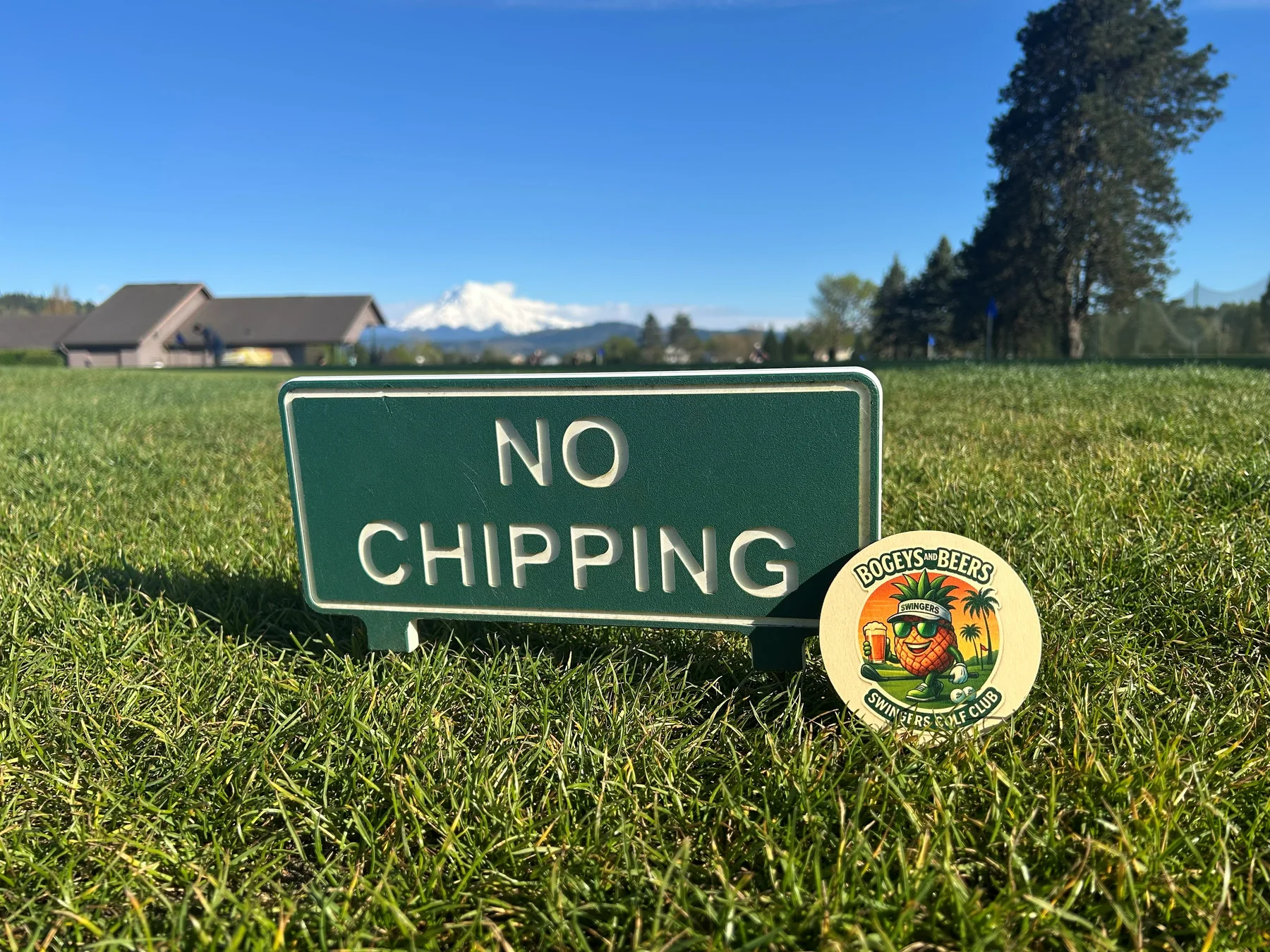 No Chipping sign and Swingers Club launch-party mark on the course.